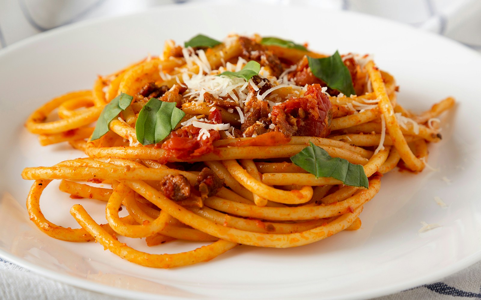 Amatriciana pasta with tomato sauce, pancetta, and basil on a white plate.