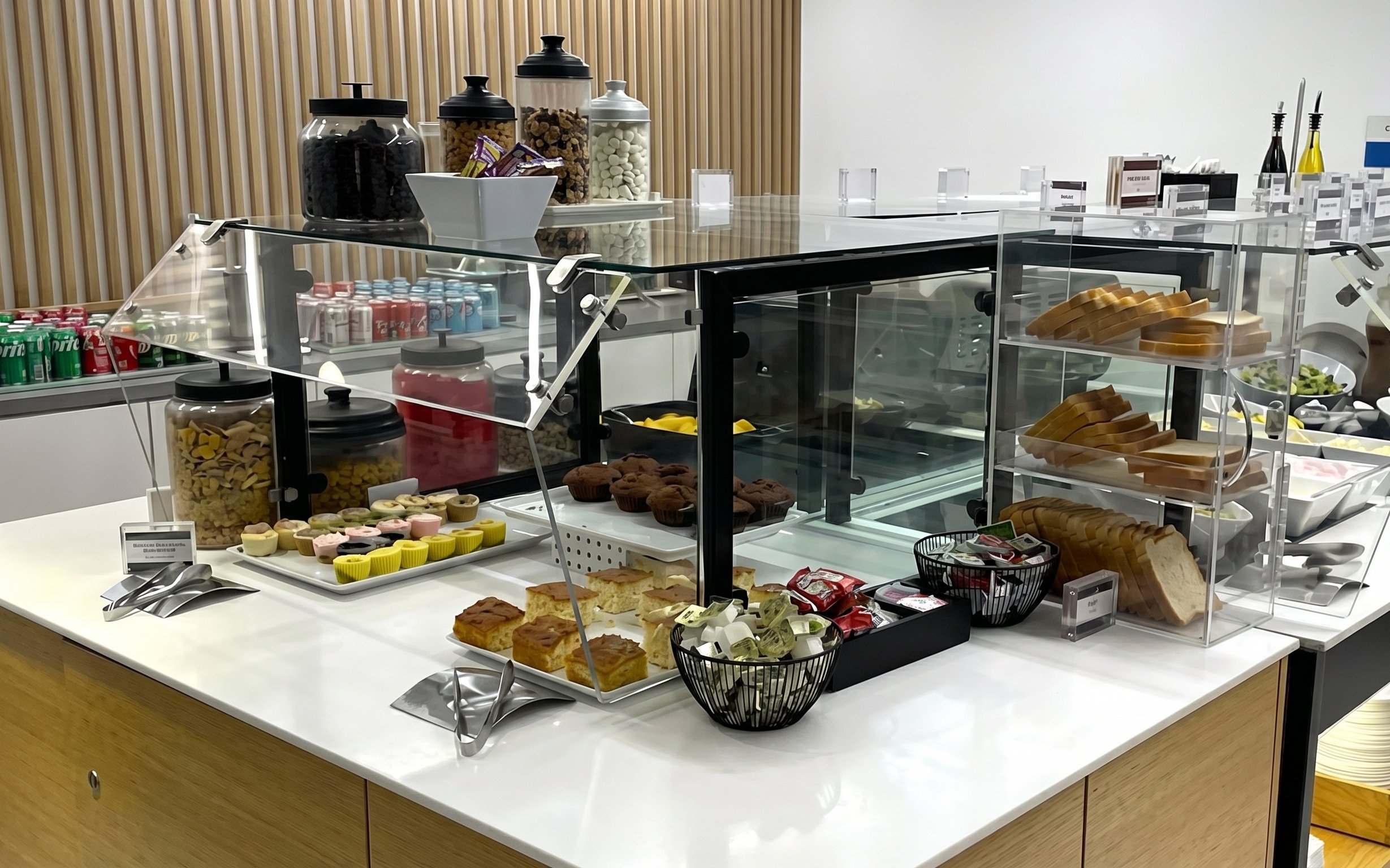 Snack and beverage selection at HelloSky Lounge, JFK Terminal 4, New York.