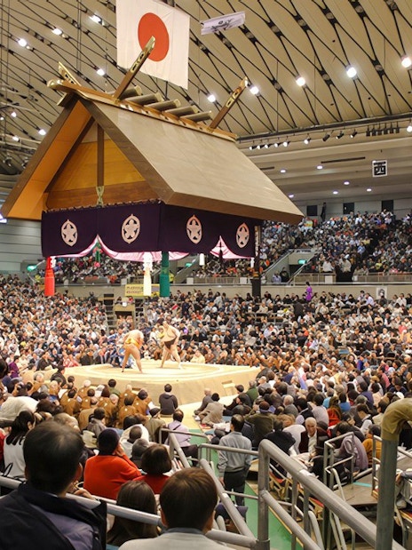 Sumo wrestlers competing in a packed Tokyo arena under a traditional Japanese roof.