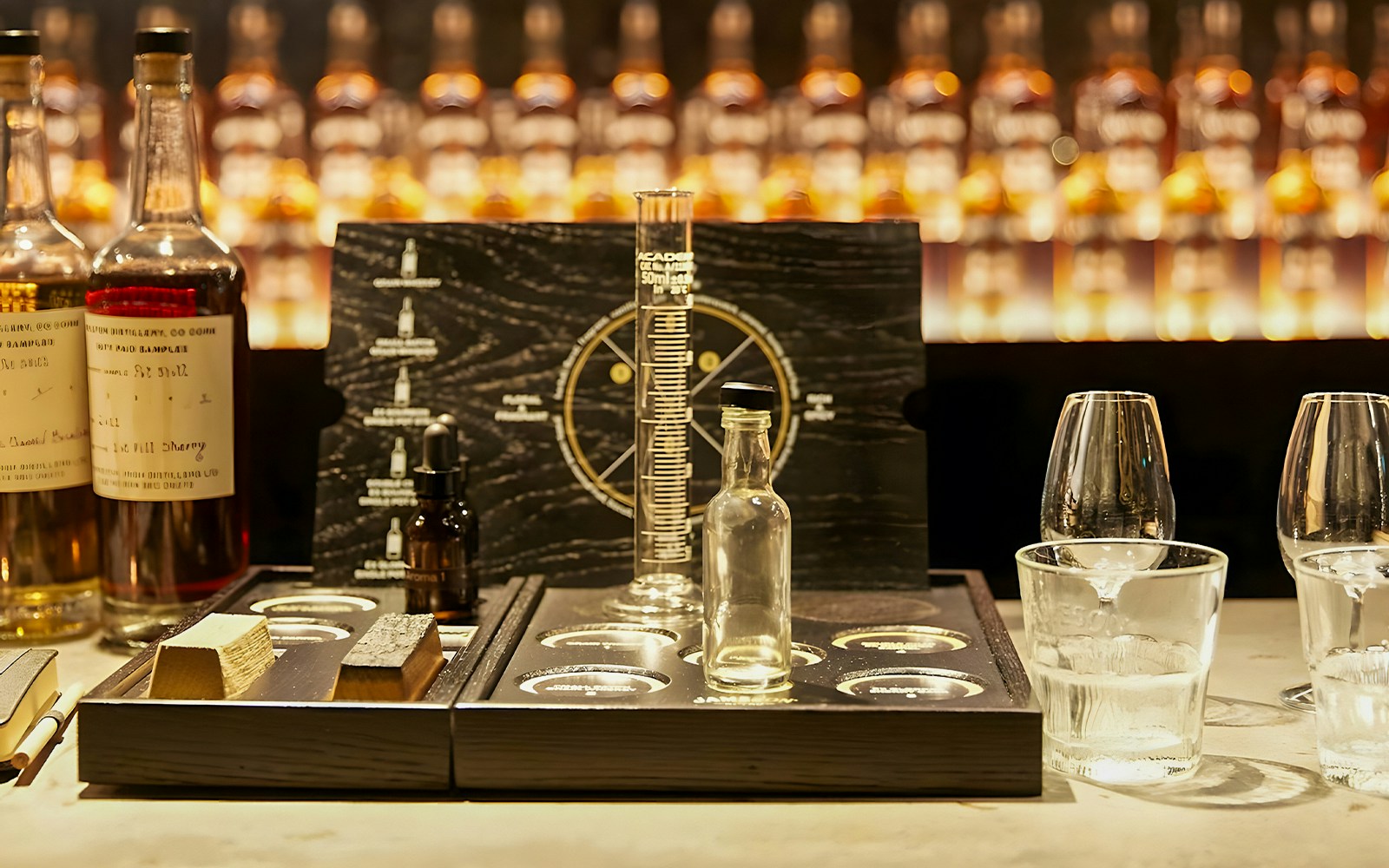 Jameson Distillery Black Barrel Blending Class tools and whiskey samples in Dublin, Ireland.