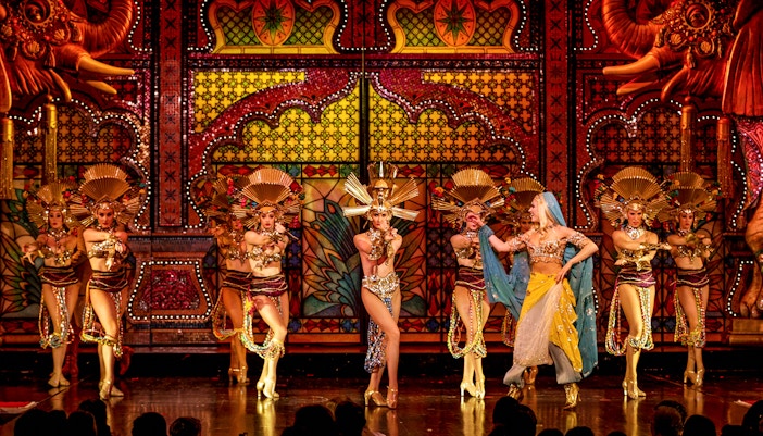 Performers in elaborate costumes on stage at the Moulin Rouge Show in Paris.