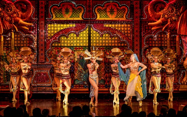 Performers in elaborate costumes on stage at the Moulin Rouge Show in Paris.