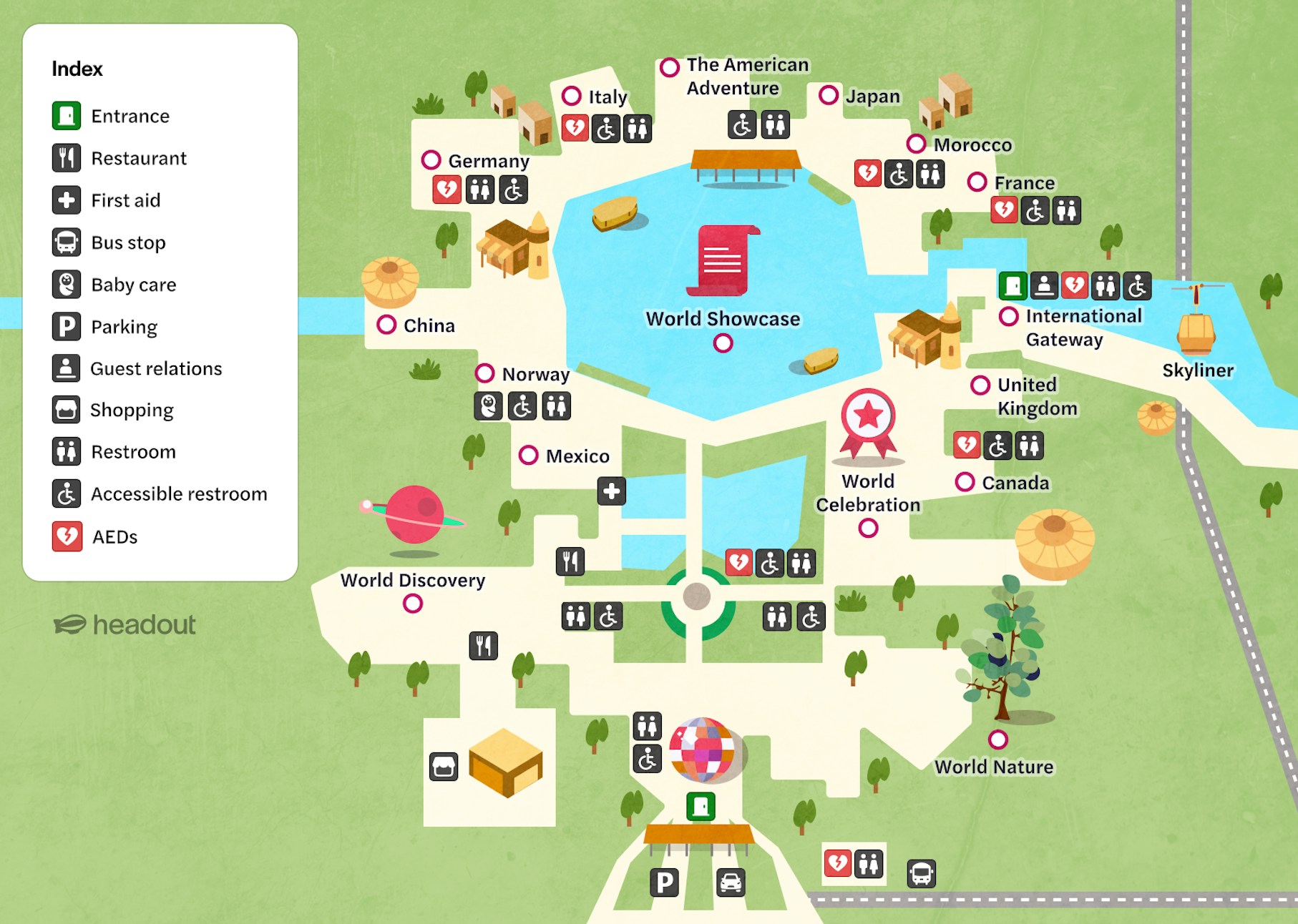 Walt Disney World Orlando map highlighting World Showcase and themed pavilions.