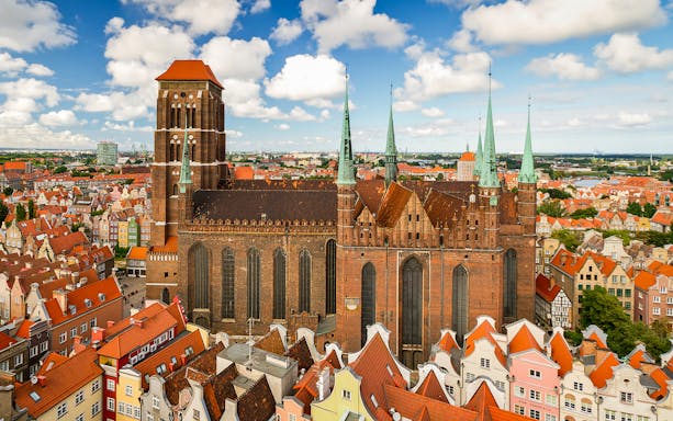 Gdansk cityscape with St. Mary's Church, view from above.