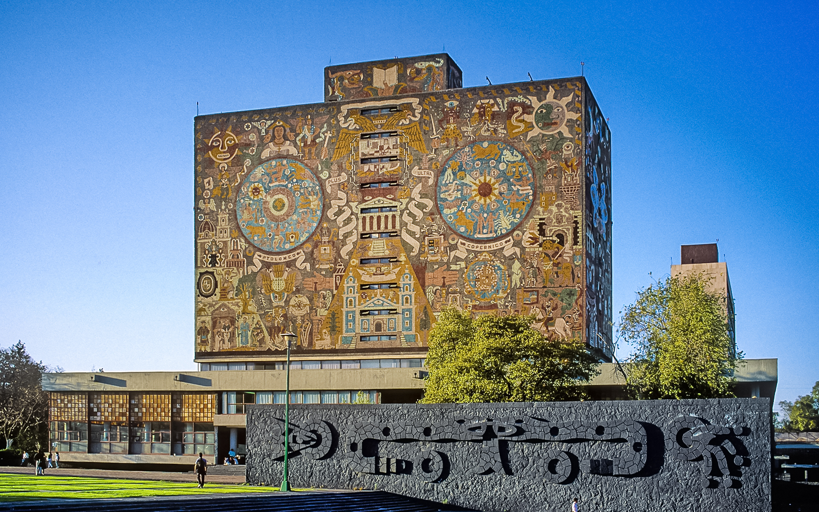 Mural on the Central Library at the National Autonomous University of Mexico, featuring intricate designs.