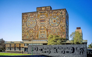 Mural on the Central Library at the National Autonomous University of Mexico, featuring intricate designs.