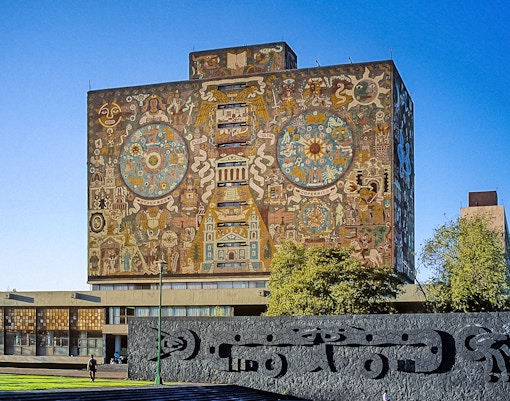 National Autonomous University of Mexico campus with iconic Central Library mural.