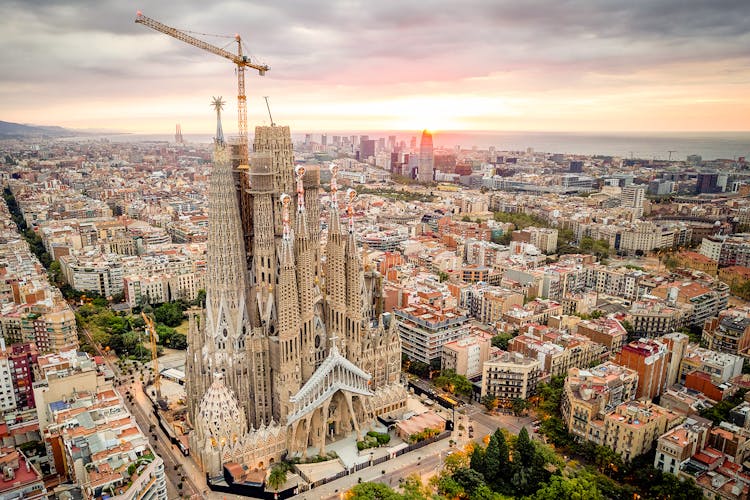 Sagrada Familia in Barcelona with intricate spires and detailed facade.