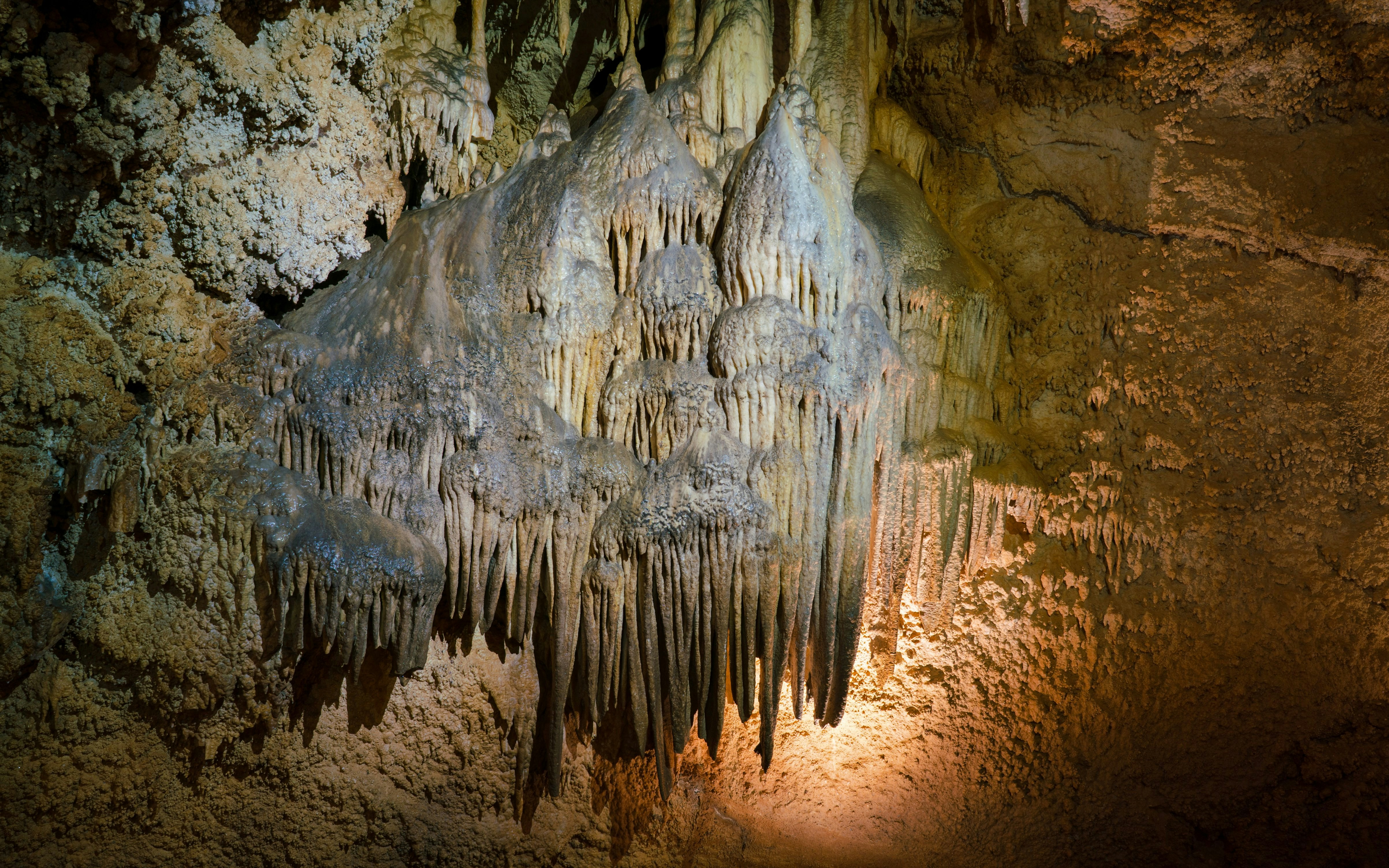 Stalactites and stalagmites inside Lipa Cave, Montenegro.