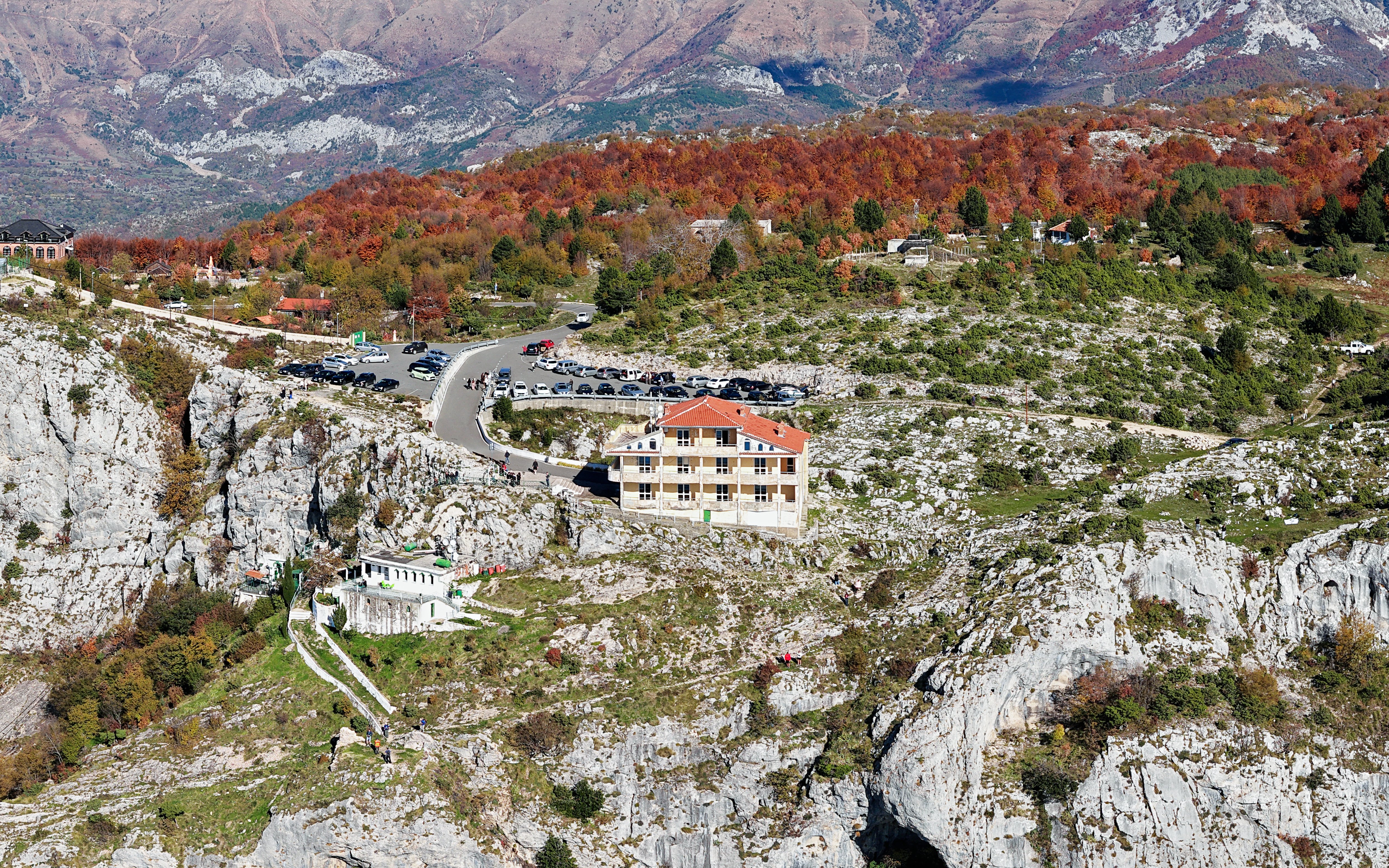 Aerial view of Sari Salltik shrine and lodge on Kruja Mountain, Albania.