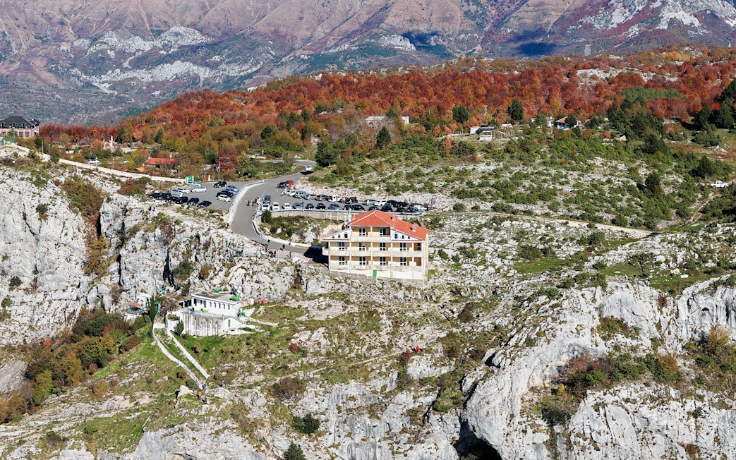 Aerial view of Sari Salltik shrine and lodge on Kruja Mountain, Albania.