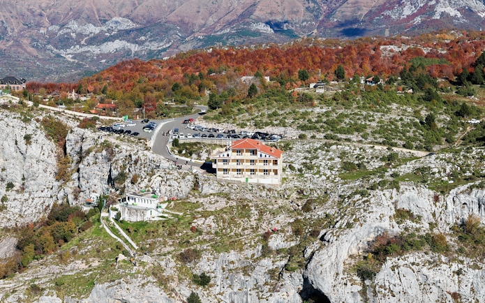 Aerial view of Sari Salltik shrine and lodge on Kruja Mountain, Albania.