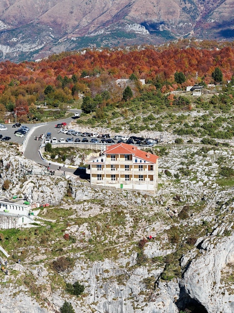 Aerial view of Sari Salltik shrine and lodge on Kruja Mountain, Albania.