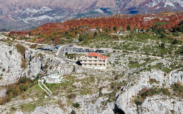 Aerial view of Sari Salltik shrine and lodge on Kruja Mountain, Albania.