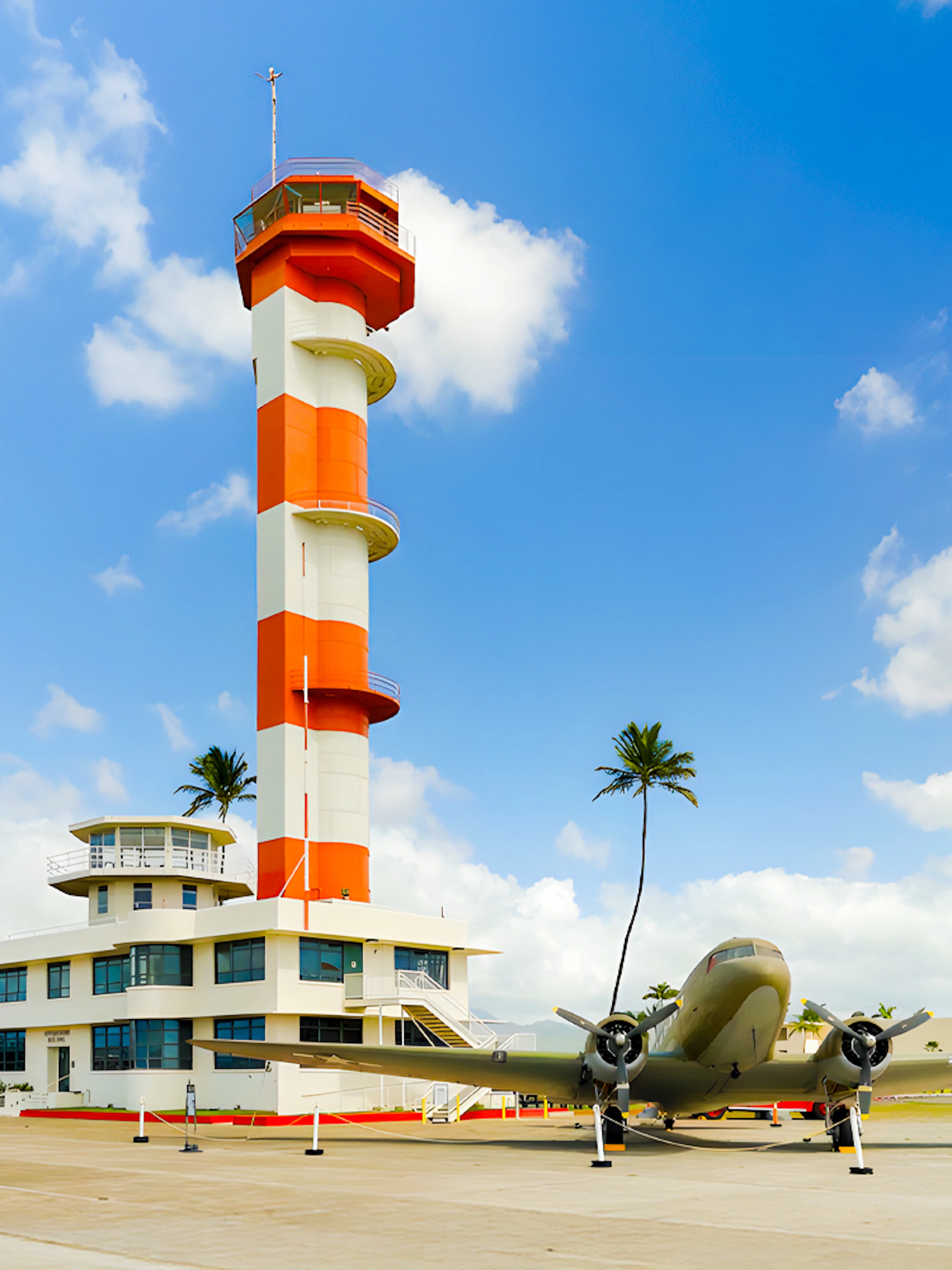 Pearl Harbor Aviation Museum exterior with control tower and vintage aircraft.