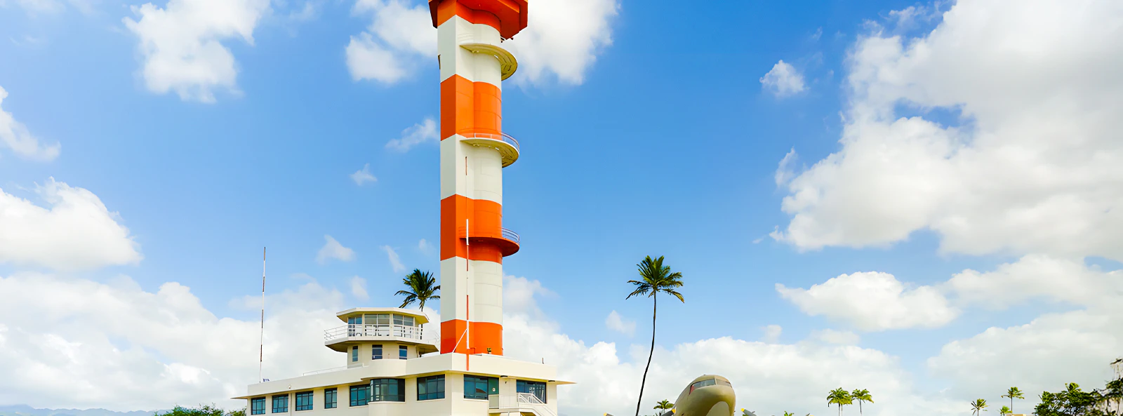Pearl Harbor Aviation Museum exterior with control tower and vintage aircraft.