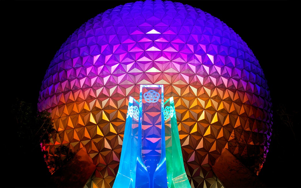 EPCOT Spaceship Earth Sphere illuminated at night, Walt Disney Resort Orlando.