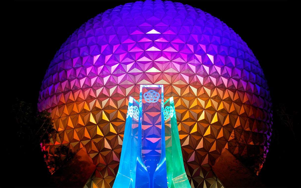 EPCOT Spaceship Earth Sphere illuminated at night, Walt Disney Resort Orlando.