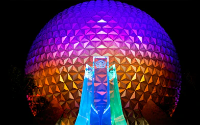 EPCOT Spaceship Earth Sphere illuminated at night, Walt Disney Resort Orlando.