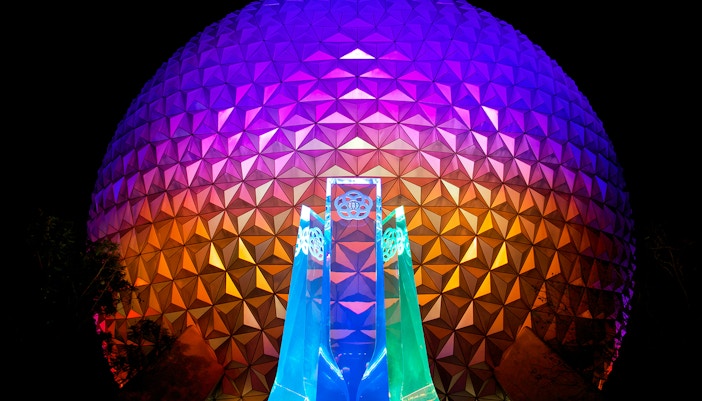 EPCOT Spaceship Earth Sphere illuminated at night, Walt Disney Resort Orlando.