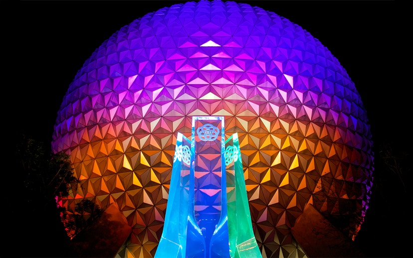 EPCOT Spaceship Earth Sphere illuminated at night, Walt Disney Resort Orlando.