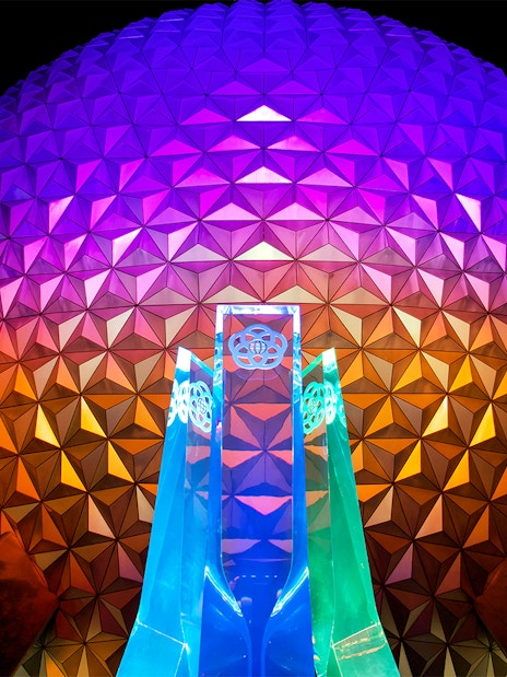 EPCOT Spaceship Earth Sphere illuminated at night, Walt Disney Resort Orlando.
