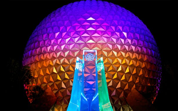 EPCOT Spaceship Earth Sphere illuminated at night, Walt Disney Resort Orlando.
