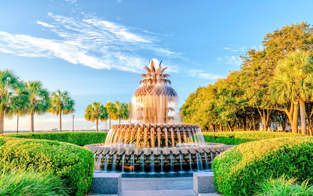 Charleston Pineapple Fountain in Waterfront Park during city trolley tour.