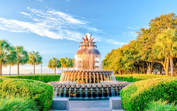 Charleston Pineapple Fountain in Waterfront Park during city trolley tour.