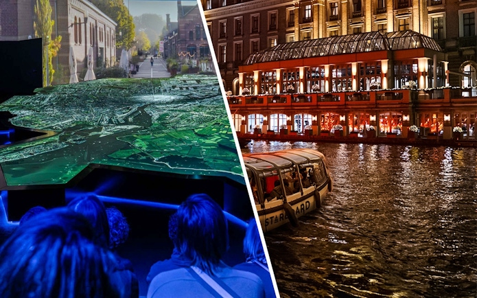 Amsterdam in Motion exhibit with city map display and canal cruise boat at night.