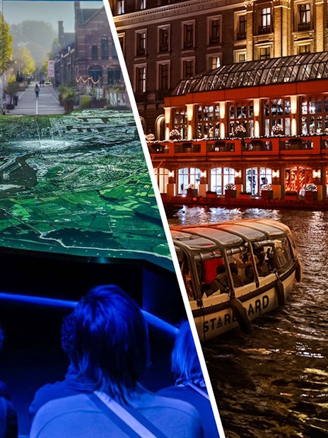 Amsterdam in Motion exhibit with city map display and canal cruise boat at night.