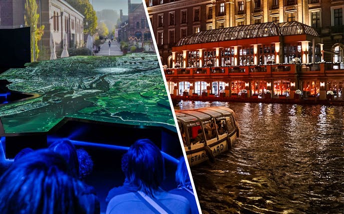 Amsterdam in Motion exhibit with city map display and canal cruise boat at night.