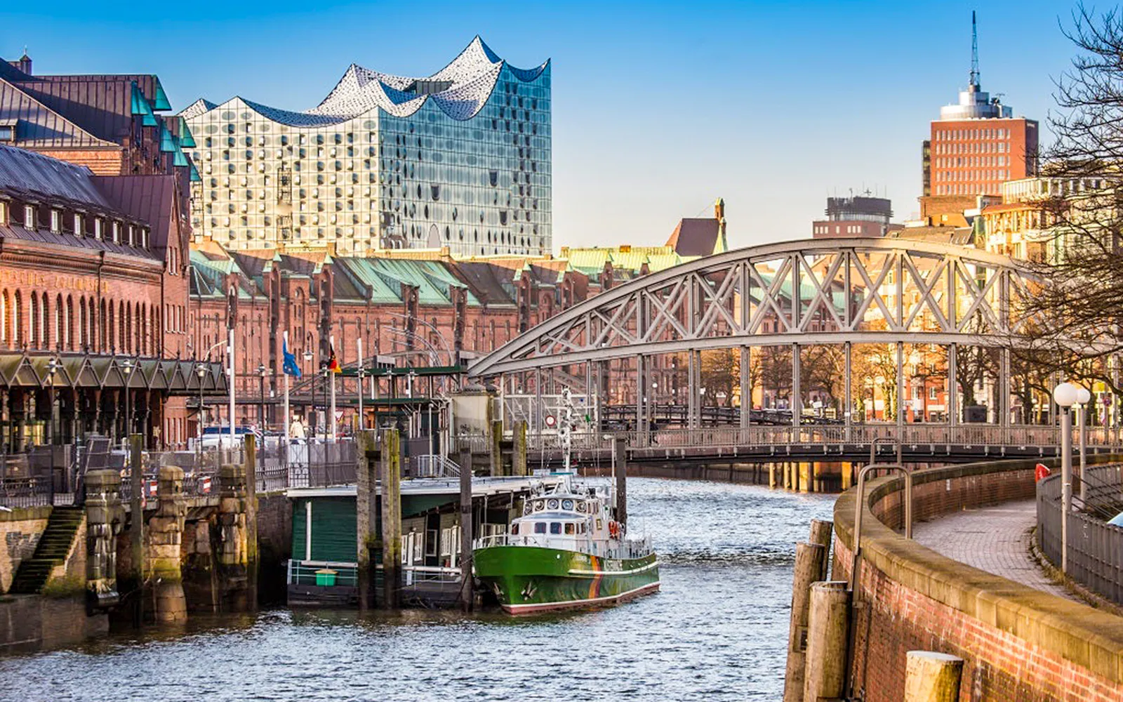 Elbphilharmonie and Speicherstadt with bridge in HafenCity, Hamburg.