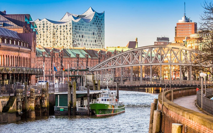 Elbphilharmonie and Speicherstadt with bridge in HafenCity, Hamburg.