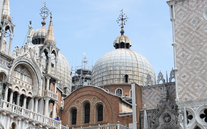Dome and facade details of St Mark's Basilica in Venice, Italy.