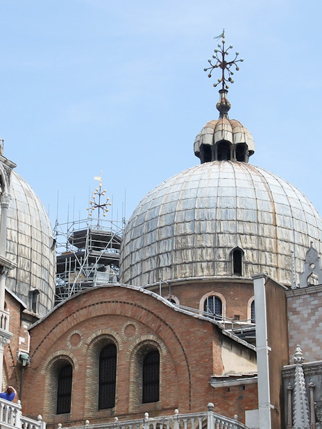 Dome and facade details of St Mark's Basilica in Venice, Italy.