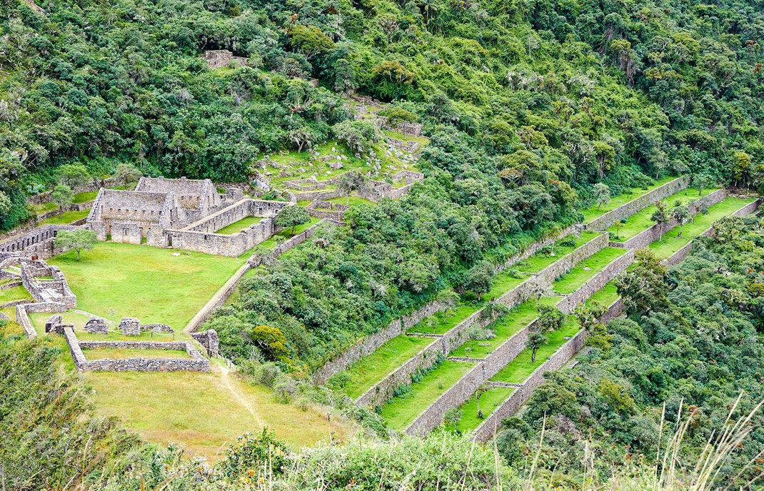 Choquequirao archaeological terraces and ruins in the Andes Mountains, Peru.
