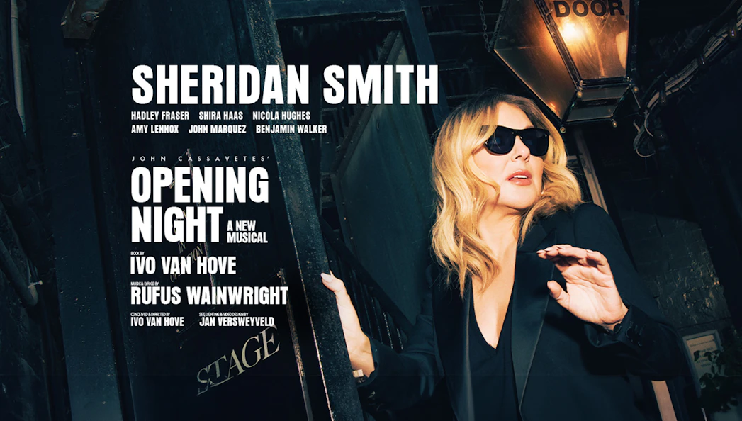 Opening Night musical poster with performer near stage door