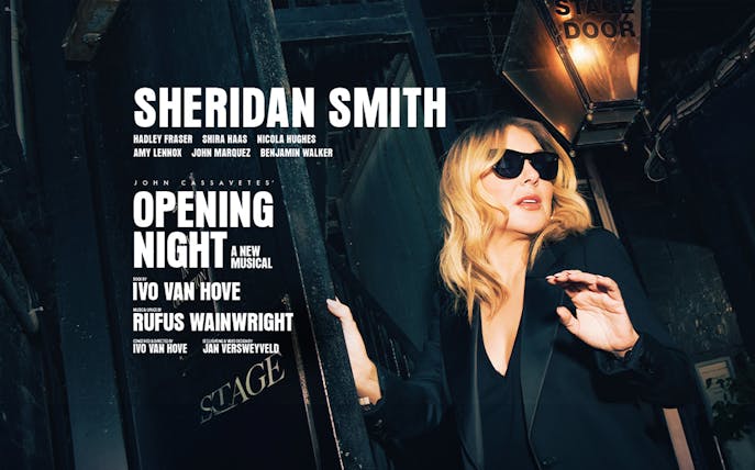 Opening Night musical poster with performer near stage door