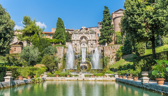 Tivoli Villa d'Este gardens with fountains and Renaissance architecture.