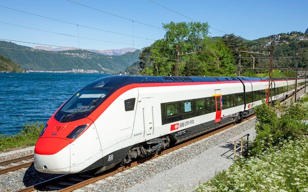 Train traveling along a scenic route near Basel, Switzerland.