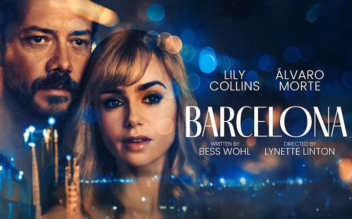 Film poster with two actors and the title 'Barcelona' in bold letters.