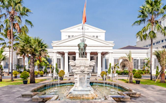 National Museum of Indonesia entrance with elephant statue and fountain, Jakarta.