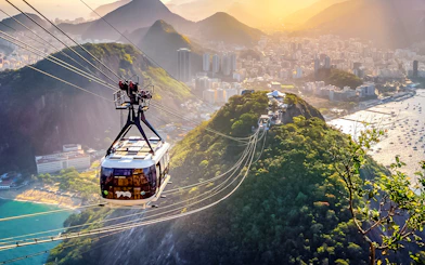 Aerial view of Sugar Loaf Cable Car with Corcovado mountain in Rio de Janeiro, Brazil.