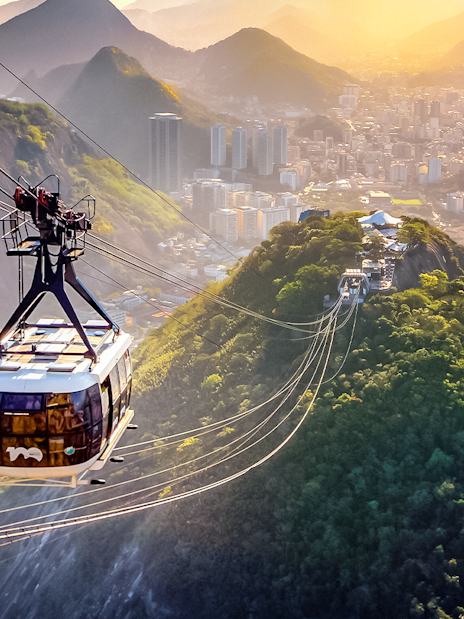 Aerial view of Sugar Loaf Cable Car with Corcovado mountain in Rio de Janeiro, Brazil.