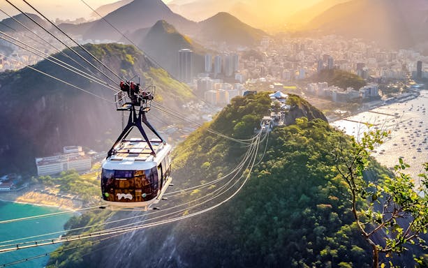 Aerial view of Sugar Loaf Cable Car with Corcovado mountain in Rio de Janeiro, Brazil.