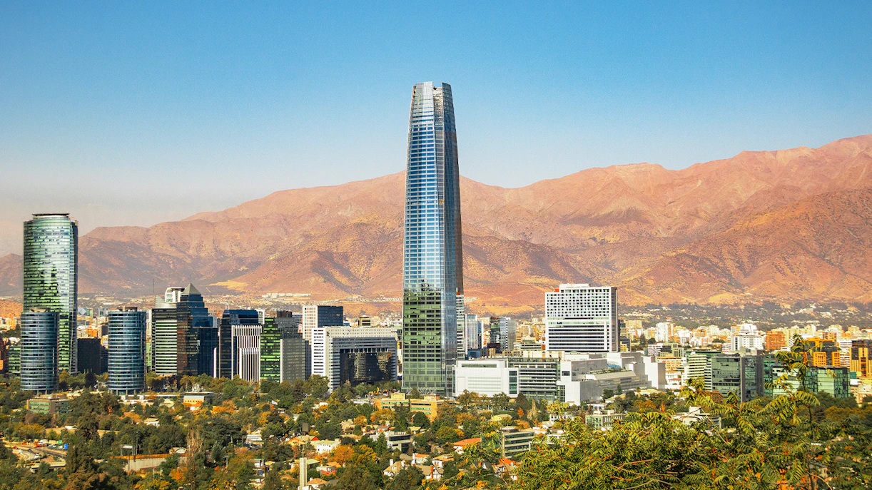 Sky Costanera and Santiago skyline with Andes Mountains, Santiago, Chile.