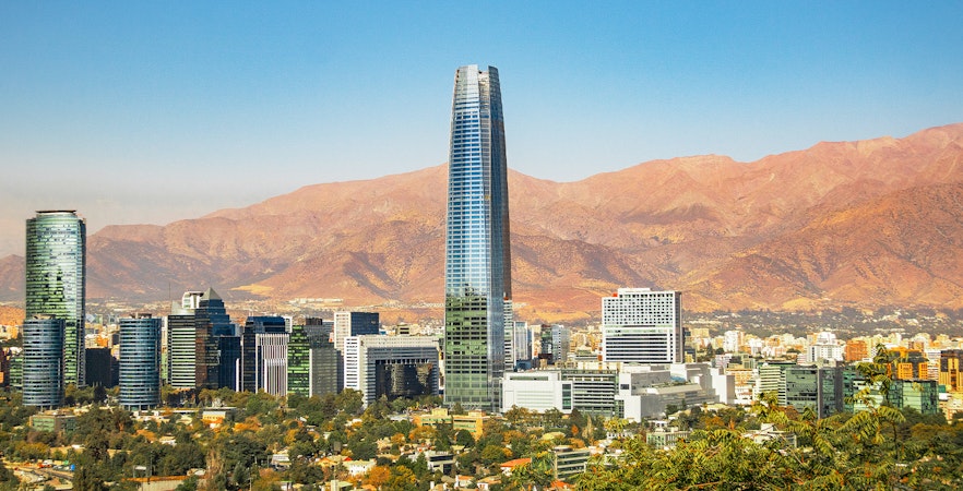 Sky Costanera and Santiago skyline with Andes Mountains, Santiago, Chile.
