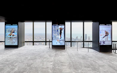 View from Skydeck at Willis Tower, Chicago, overlooking cityscape and Lake Michigan.