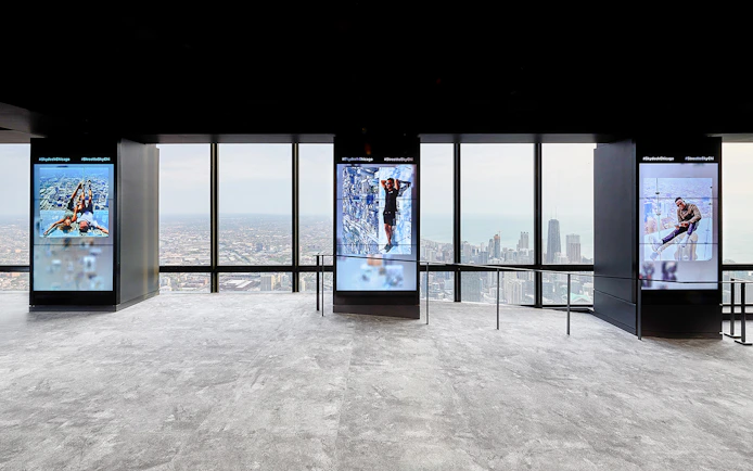 View from Skydeck at Willis Tower, Chicago, overlooking cityscape and Lake Michigan.